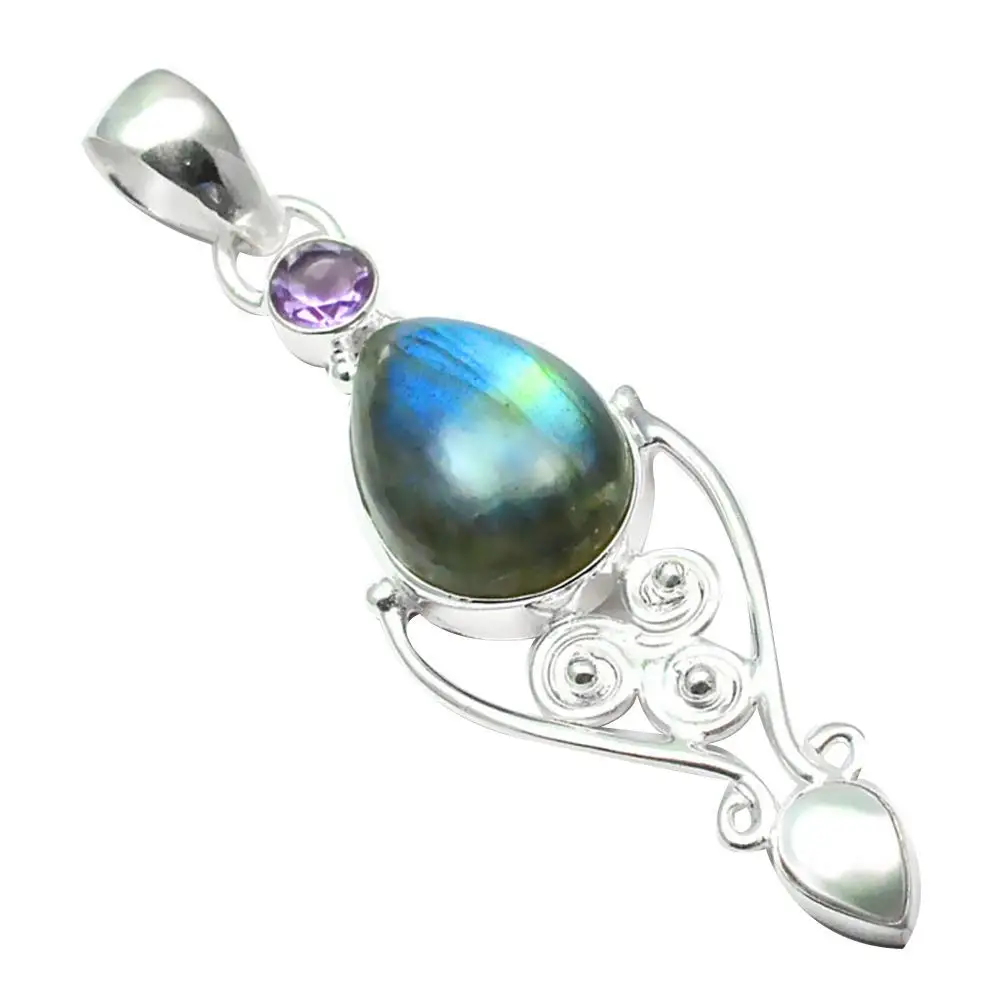 

Nature Labradorite + Amethyst + Pearl Pendant 925 Sterling Silver, 58 mm, 2SP0071