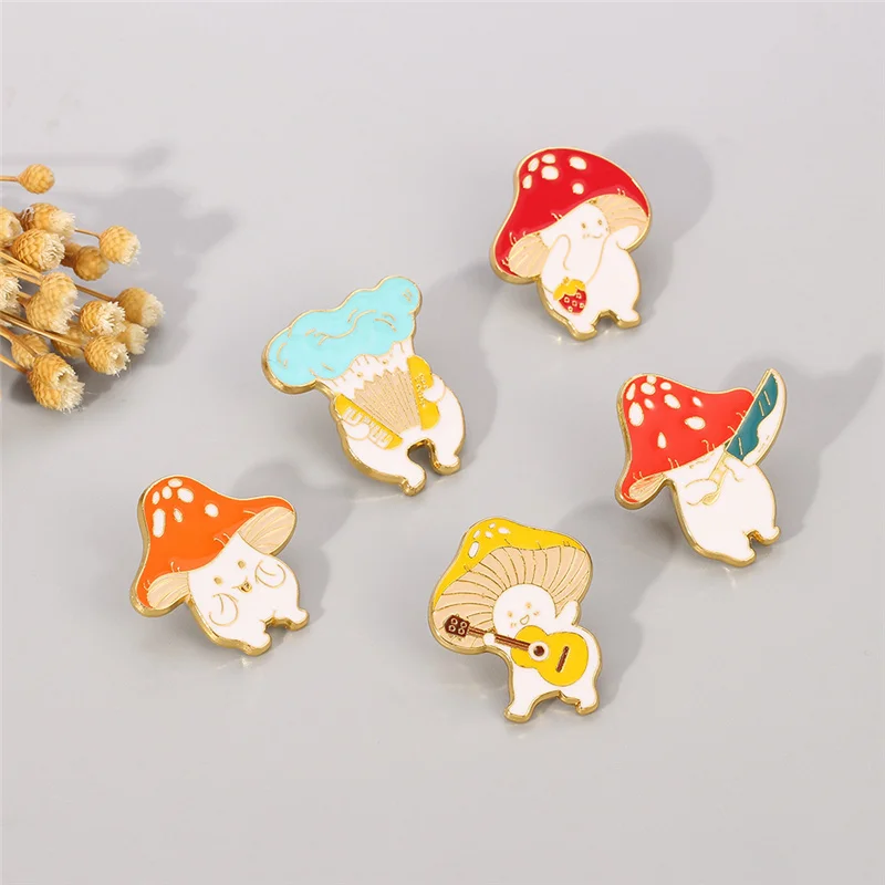 Funny Mushroom Enamel Pin Cute Custom Guitar Accordion Brooches Bag Plant Jewelry Gift for Kids Friends Accessories