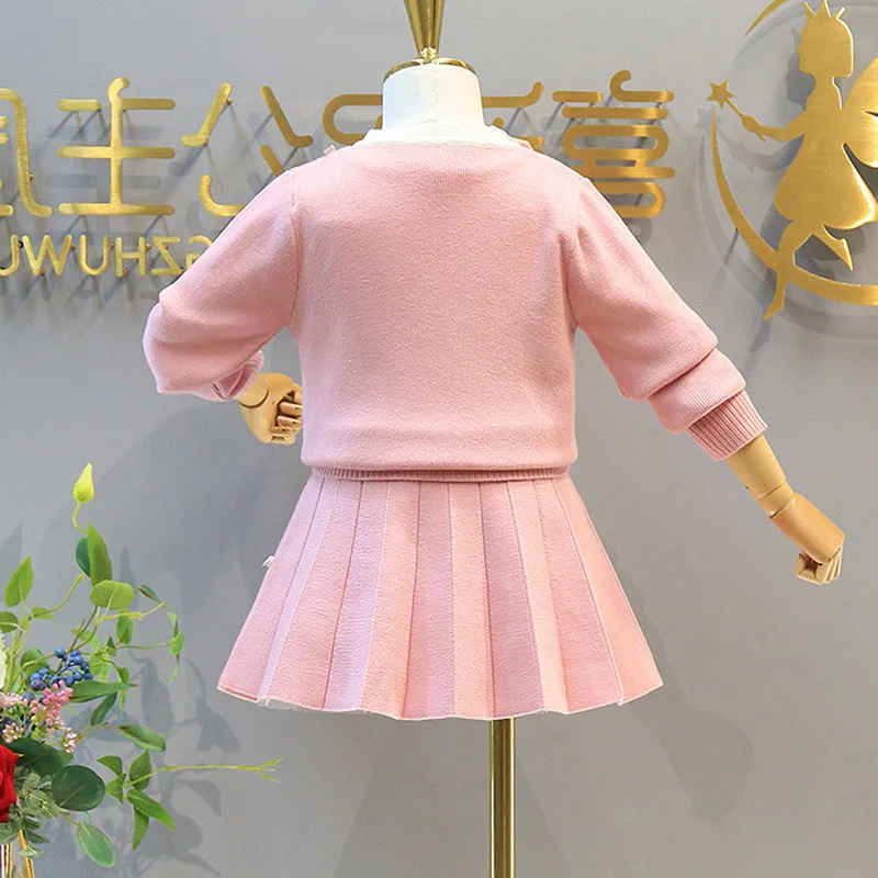 New Girls\' Autumn Clothes Japanese Korean Knitted Skirt Suit Kids Outfit Baby Girl Sweater+ Short Skirt Student School Uniform