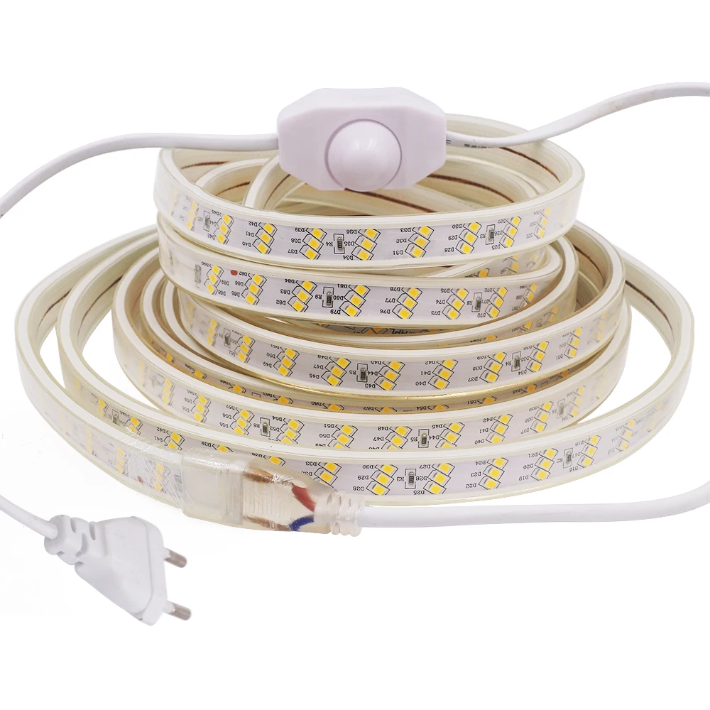 220V Led Strip Light 2835 180LED/m Three Row/Double Row Dimmable LED Lighting White Flexible Ribbon With Dimmer EU UK Power Plug