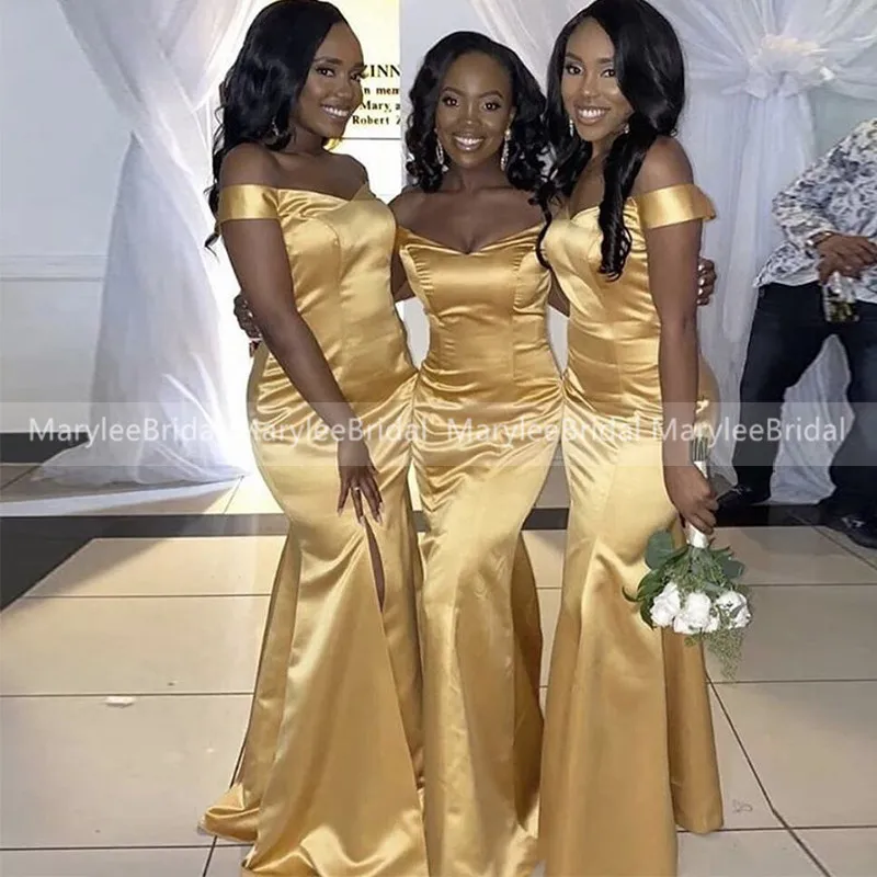 Customized African Women Gold Yellow Mermaid Bridesmaid Dresses Sexy Side Slit Wedding Party Gowns Shiny Satin Bride Maid Dress