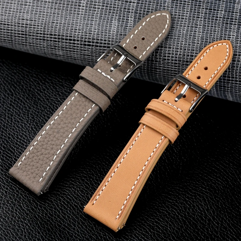 Light Brown Gray Leather Watchband 18 19 20  22MM Quick Release Lugs Lychee Pattern Top Layer Cowhide Bracelet Vntage Watchband