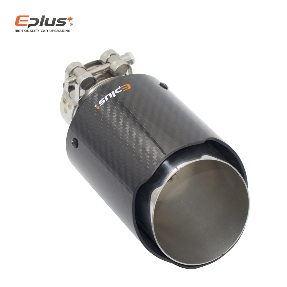 EPLUS Car Glossy Carbon Fiber Muffler Tip Exhaust System Pipe Mufflers Nozzle Universal Straight Stainless Silver