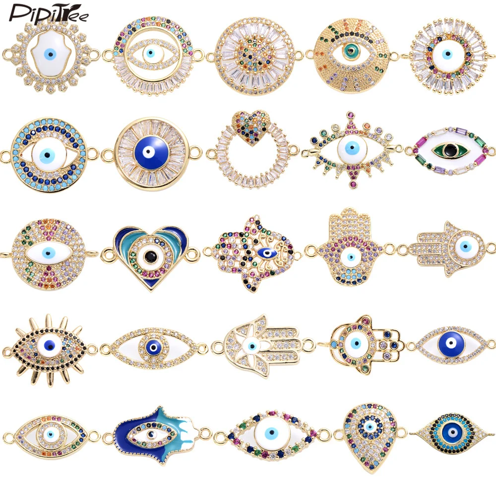 Fashion Enamel Turkish Evil Eye Charms DIY Jewelry Making Copper CZ Zircon Hamsa Hand Charms Bracelet Connector Accessories