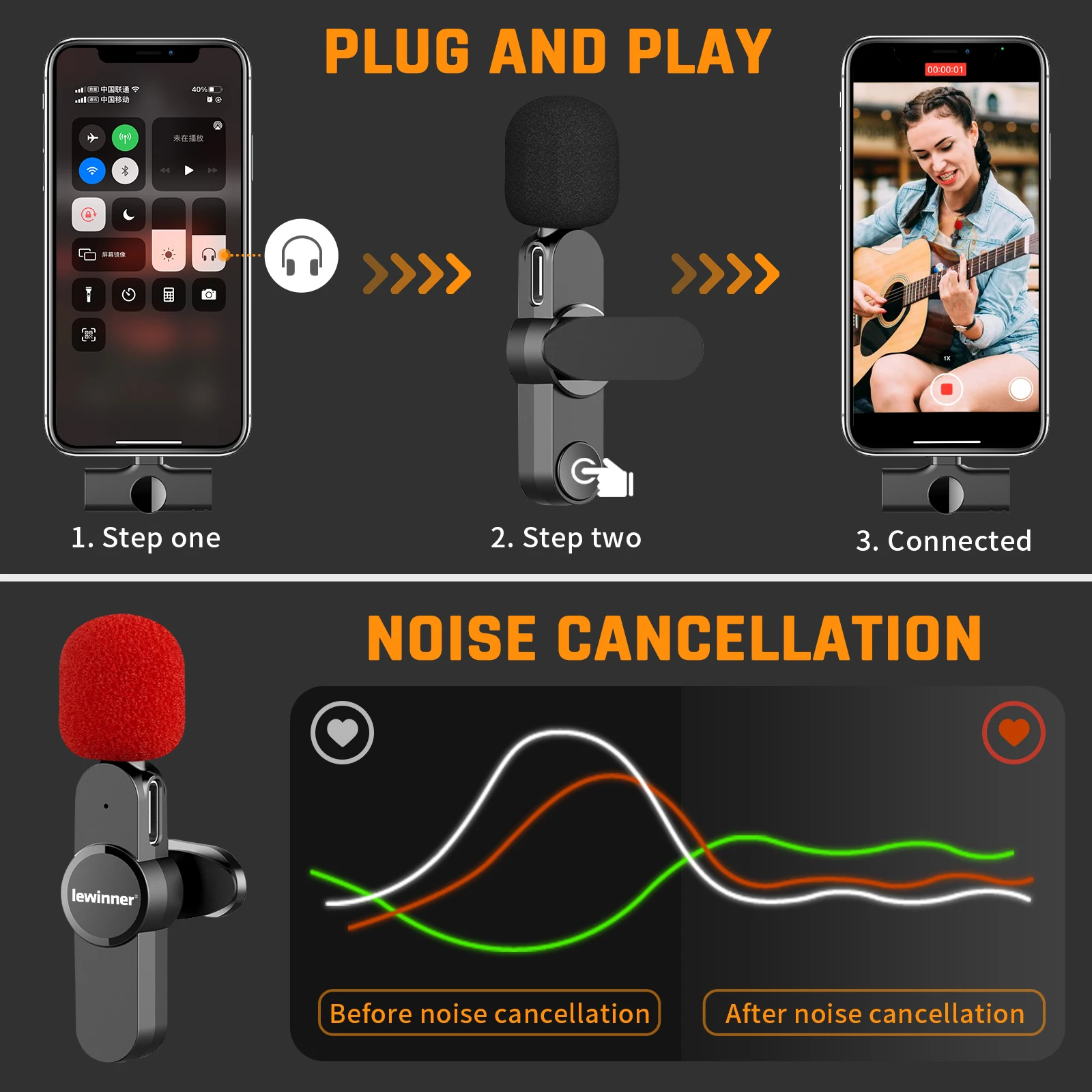 Lewinner wm4 sem fio microfone lavalier gravação de vídeo de áudio portátil mini para iphone/ipad transmissão ao vivo youtubers facebook