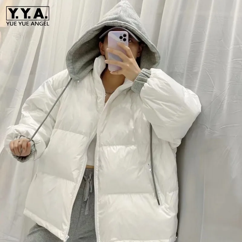 

Women Thick White Duck Down Jackets Spliced Loose Hooded Parkas Solid Color Leisure Office Lady Warm Straight Short Outerwear