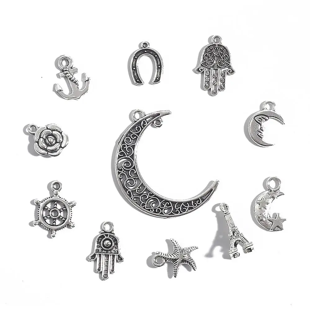 10-50pcs Silver Plated Mixed Styles Horseshoe Stars Moon Flower Charm Pendants for DIY Earring Necklace Bracelet Jewelry Making