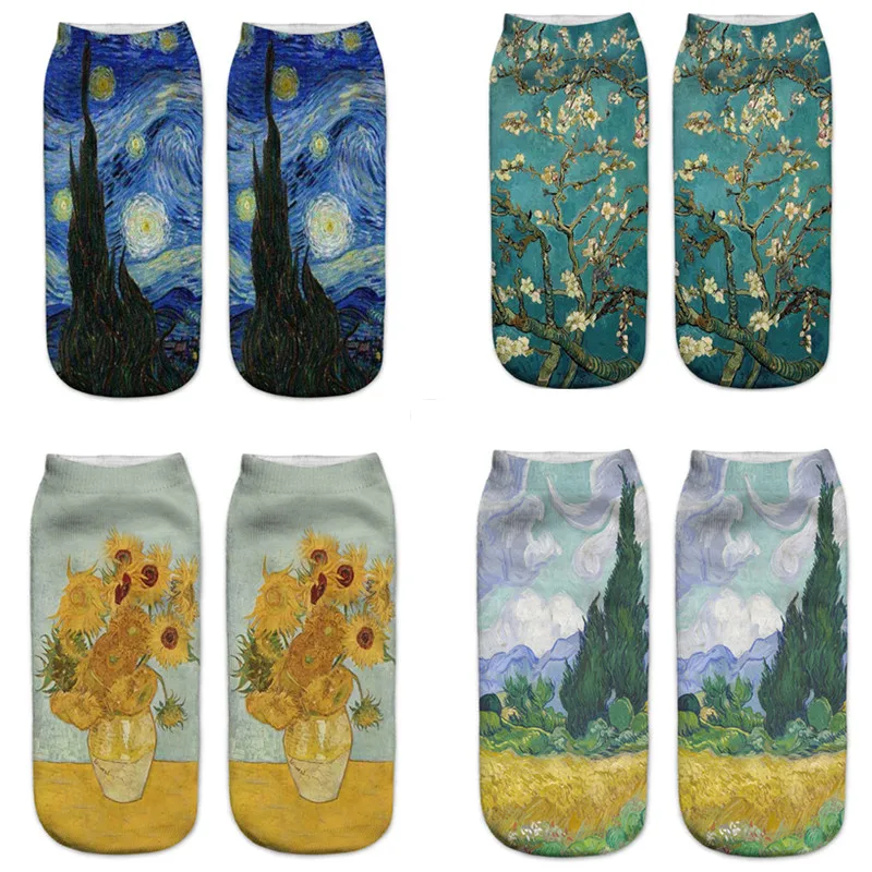 3D Printing Van Gogh Sunflower Print Art Socks For Women Low Cut Ankle Starry Night Cotton Sock Retro Famous Painting Unisex