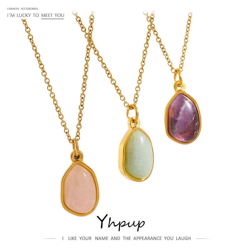 Yhpup Stainless Steel Crystal Green Purple Natural Stone Pendant Simple Necklace Fashion Women Waterdrop Charm Collar Jewelry