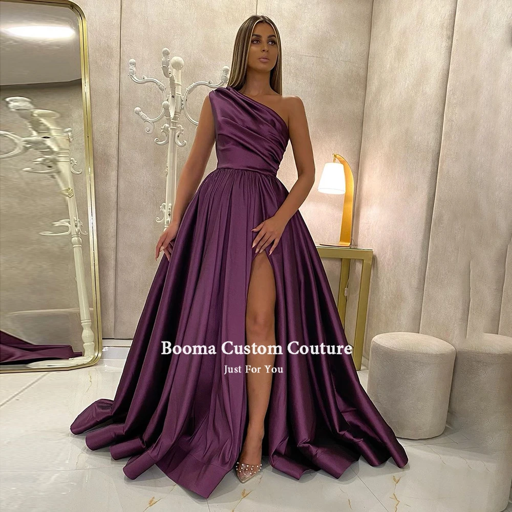 Booma roxo cetim vestidos de noite um ombro alta fenda lado longo vestidos de noite plissado a linha formal vestidos de baile