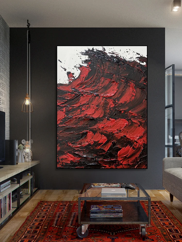 100% Hand Painted Abstract Oil Painting Three-Dimensional Red Black Sea Waves Modern Wall Art Luxury Picture for Living Room