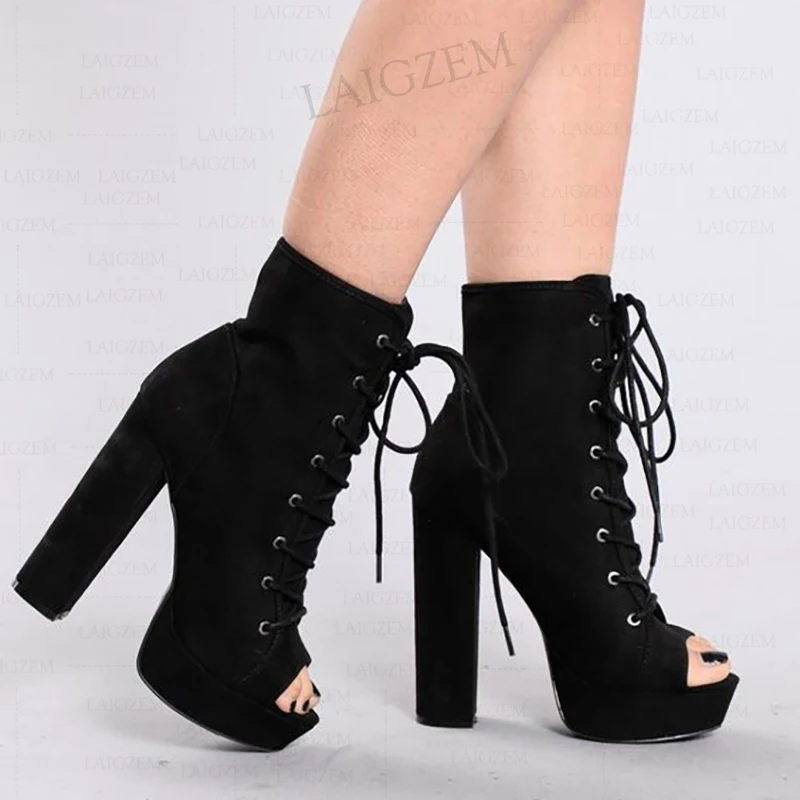 SEIIHEM Women Ankle Boots Platform Faux Suede Thick High Heels Short Boots Lace Up Ladies Shoes Woman Plus Size 35 40 43 45 52