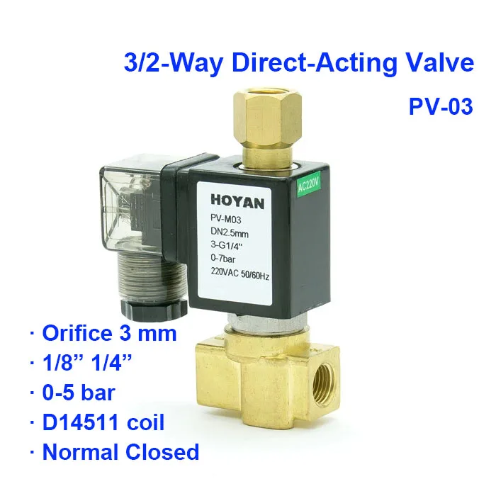 

3/2 Way Normal Close Pneumatic Water Solenoid Valve PV-03 Orifice 3mm 0-5bar BSP Port G1/4" G1/8