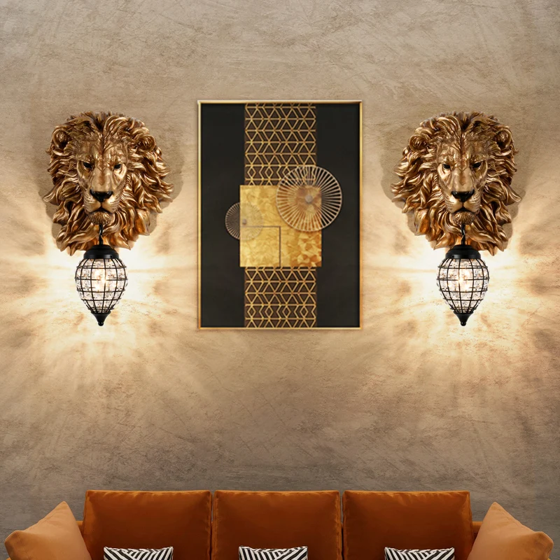 Nordic Black Gold Lion Wall Lights Animal Lion Head Resin Art Wall Lamp Luxury Decor Kitchen Wall Sconce Bedroom Indoor Lighting