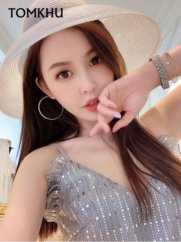 Summer Fashion Transparent Silk Elegant Wide Brim Beach Hat Hepburn Style Rhinestone Belt Sun Hats Female Foldable Anti-UV Sun