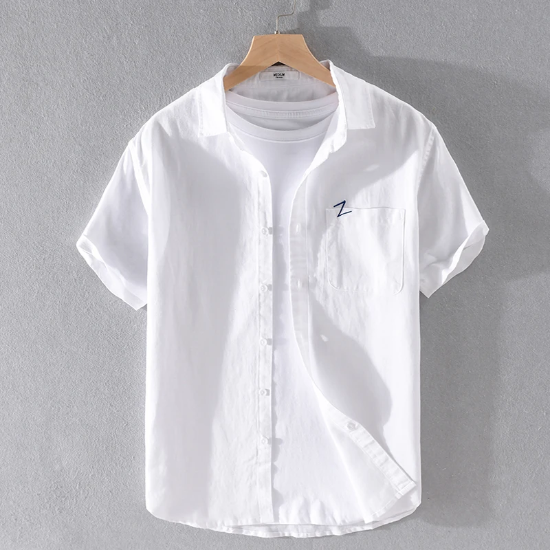 Designer mens casual cotton and linen short-sleeved shirt trend stand collar shirt for men white solid shirts men chemise