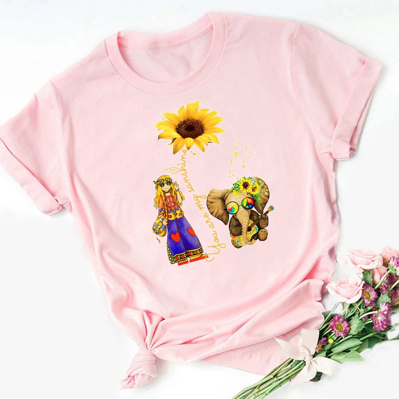 

You Are My Sunshine Sunflower Hippie Girl Amp Elephant Animal Graphic Print T Shirt Summer Top Tshirt Hot Sale T-Shirt