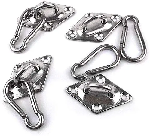 4Pcs 316 Stainless Steel Diamond Eye Plate with Carabiner 5mm/6mm/8mm for Suspended Ceiling Wall Mount Hammock Hook Base