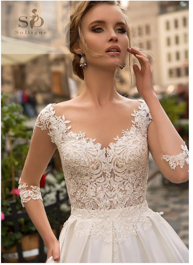 SoDigne 2023 vestido de novia de manga larga vestidos de novia bohemios para mujer una línea Apliques de encaje de color marfil vestido de novia de satén personalizado