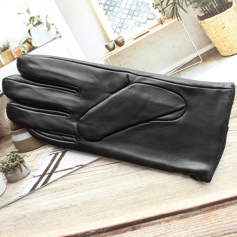 New men\'s imported sheepskin gloves button classic fashion leather gloves long fingers with wool knitted lining gloves