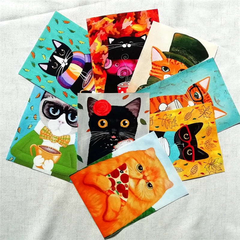 

New 8pcs Lovable Cat 15cm*20cm Print Dyed Cotton Linen Fabric For DIY Sewing Quilting Patchwork Home Textile Decor Of Purse Bags