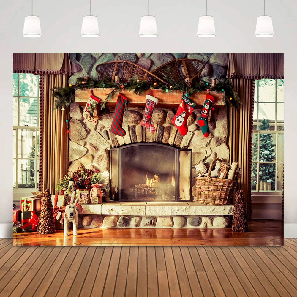 Фон для фотосъемки с изображением зимнего кирпича камина и окон Рождественский день рождения