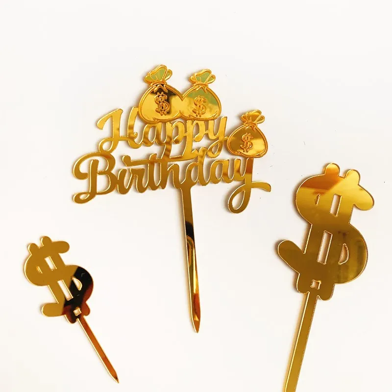 Acrylic Happy Birthday Cake Topper Novelty Money Bag Rich Wishes Cake Topper For Business Men Birthday Party Cake Decorations