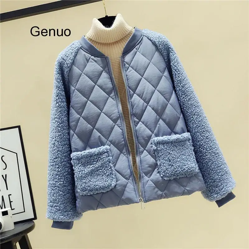 Yellow Patchwork Parkas Fashion New Women Plush Casual Lambs Thicken Loose Cashmere Stitching Jacket Female Casual Streetwear