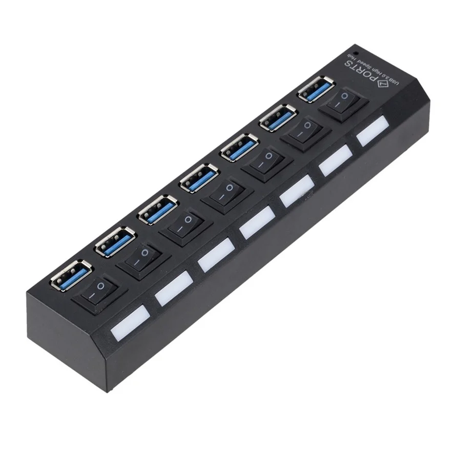 Hub USB com interruptor para PC, multi divisor, adaptador de energia, 7 portas expansor múltiplo, USB 3.0, 3 Hub uso, USB 3.0