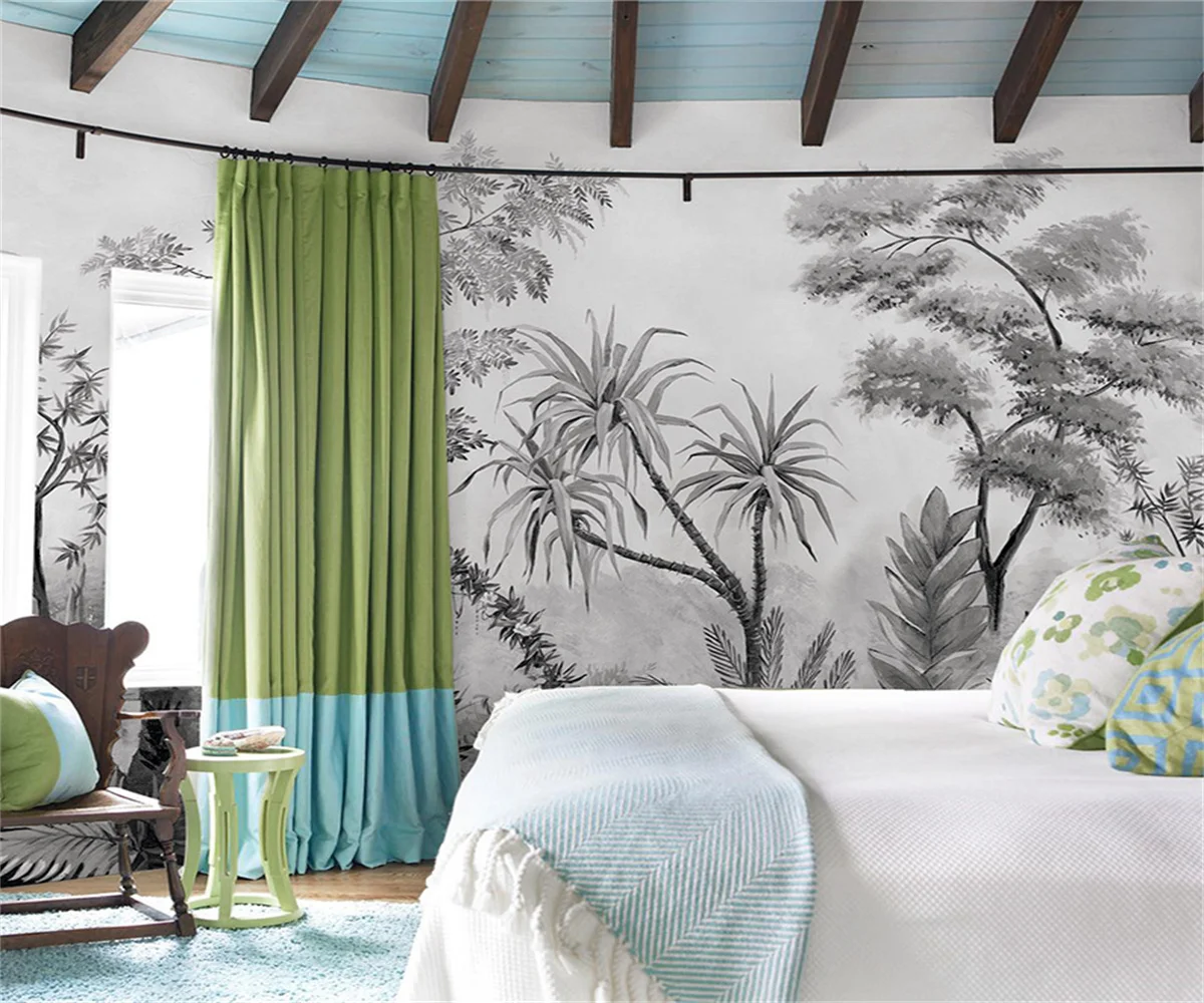 Customized mural black and white tropical rainforest plant 3D mural, banana leaf palm leaf wall sticker, forest 3d wallpaper
