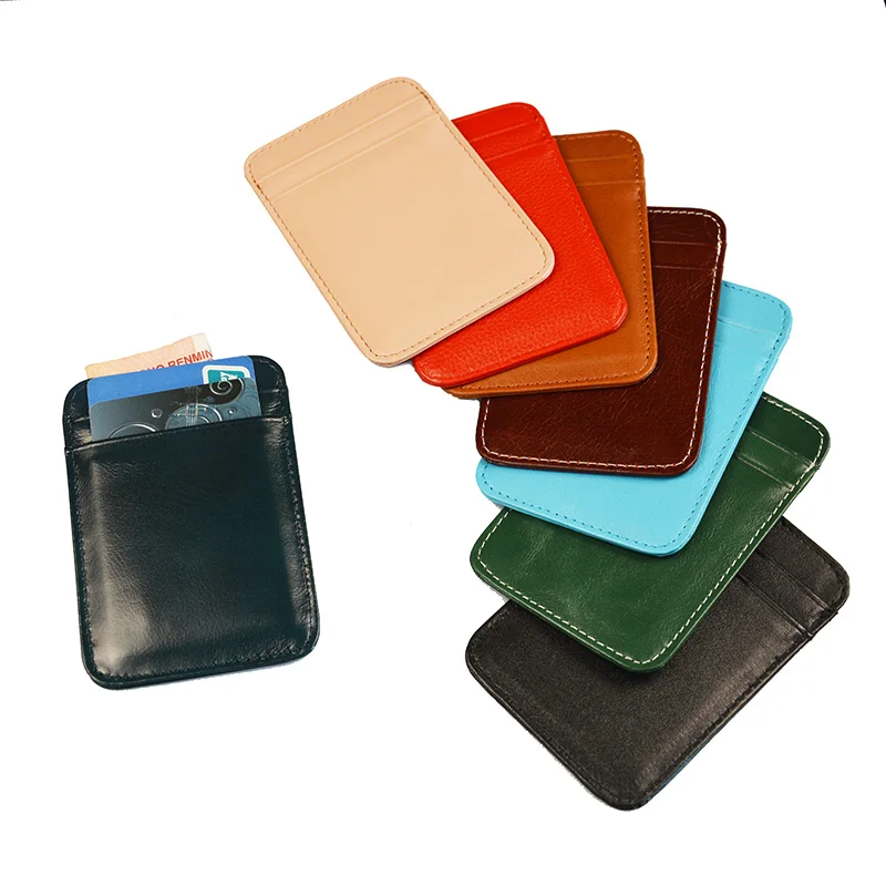 100% Cow Leather Vertical Slim Soft Card Wallet Glossy credit Round Corner Vintage Genuine Leather card holders