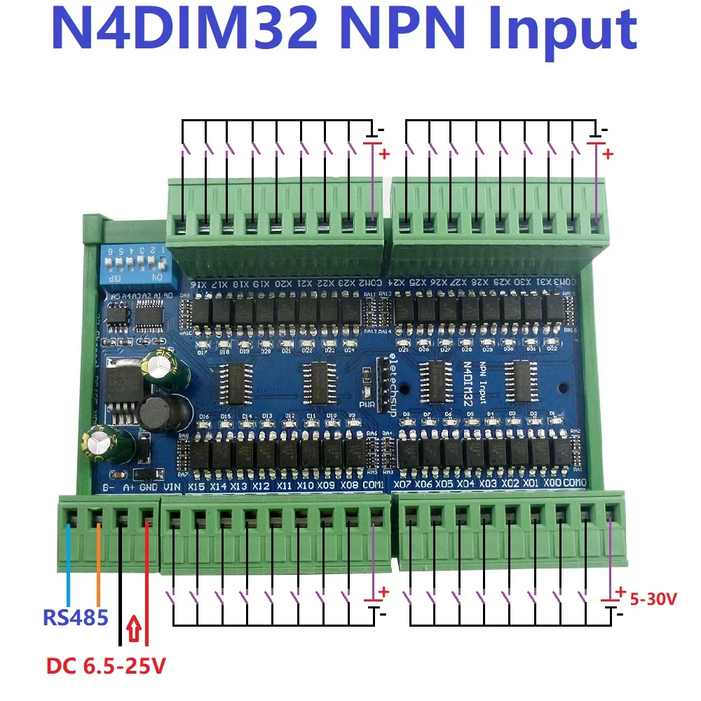 N4DIH32 N4DIM32 DC 12V 24V PLC Switch Quantity Acquisition Board 32ch PNP NPN Isolated Digital Input RS485 Modbus Rtu Controller