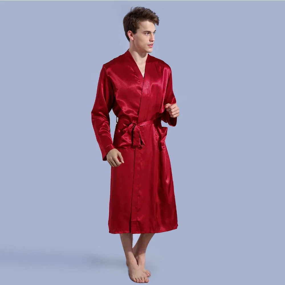 Burgundy Size S - XXL Chinese Men's Rayon Satin Casual Nightwear Robe Gown Solid Color Kimono Bathrobe Sleepwear Pajamas