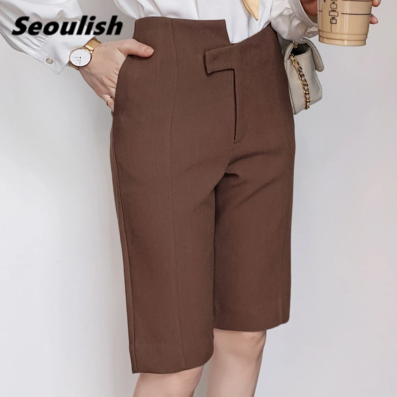 Seoulish Summer 2021 New Elegant Women's Half Pants Button High Waist Chic Straight Pants Solid Irregular Female Trousers Pocket