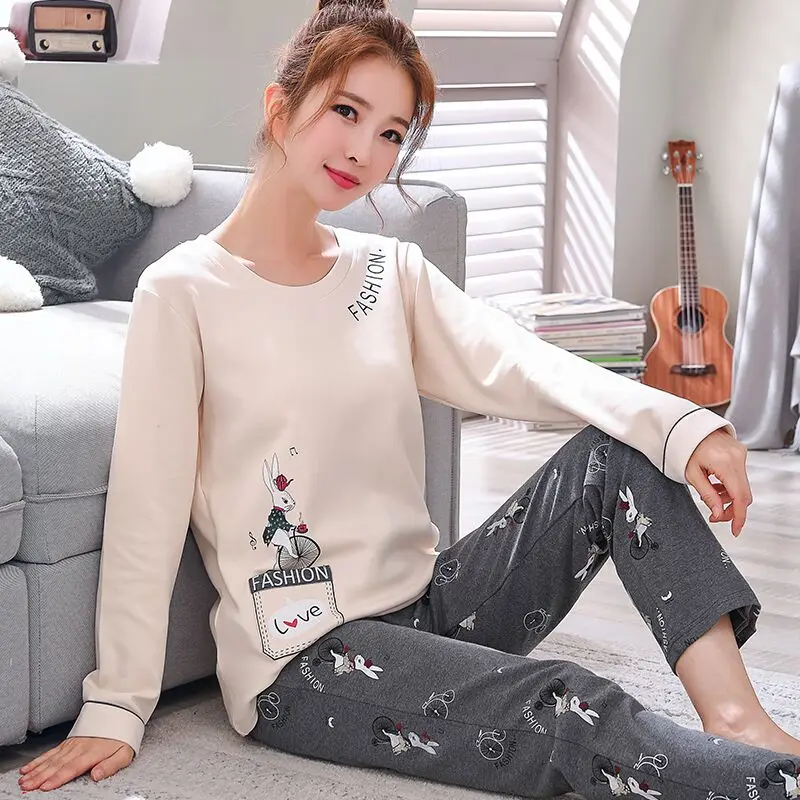 New Autumn Pajamas With Chest Pad Women Knitted Cotton Pajama Set Homewear Pijama Mujer Long Sleeve Casual Soft Female Sleepwear