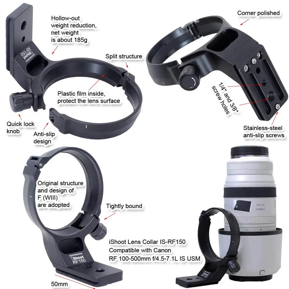 iShoot Lens Collar Tripod Mount Ring Support for Canon RF 100-500mm f/4.5-7.1L IS USM, with Arca-Swiss Quick Release Plate