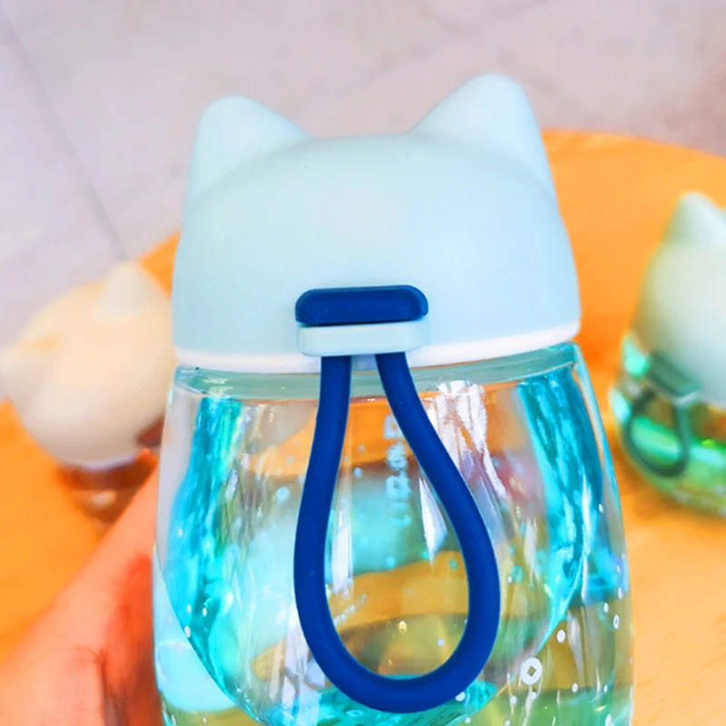 Cute water bottle creative cat design trendy cool mini glass water cup gradient color portable bottle girl child drinking gift
