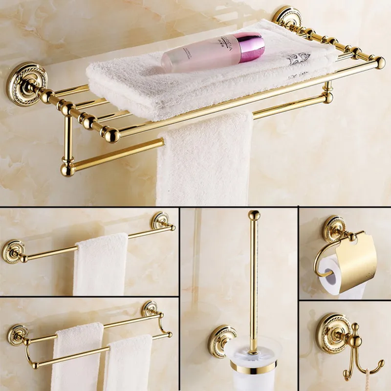 Luxury Gold Color Brass Square Bathroom Accessories Towel Shelf Towel Holder Toilet Paper Holder Wall Mounted Bath Hardware Sets