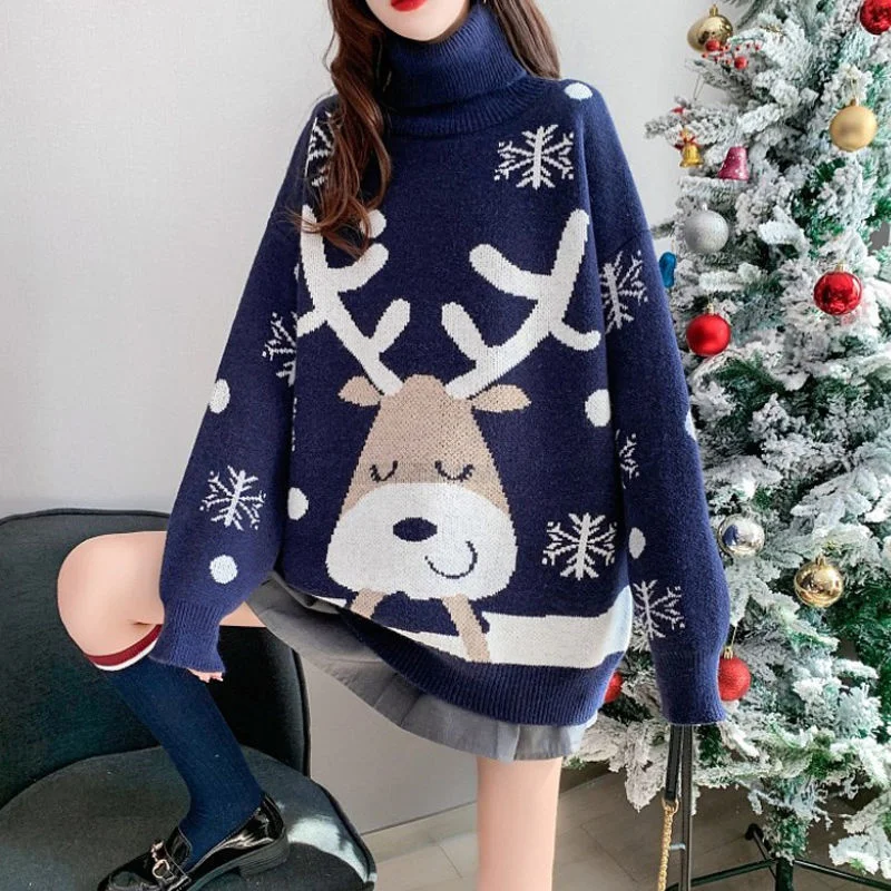 2022 New Year Christmas Clothing Women\'s Autumn Winter Turtleneck Sweater Fashion Red Plus Size Dresses T Shirt For Women Casual