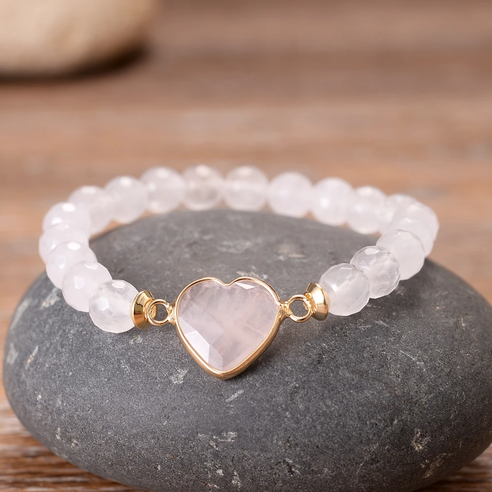 Pink Faceted Natural Stones Love Heart Romantic Lover Bracelets Women Trendy Jewelry