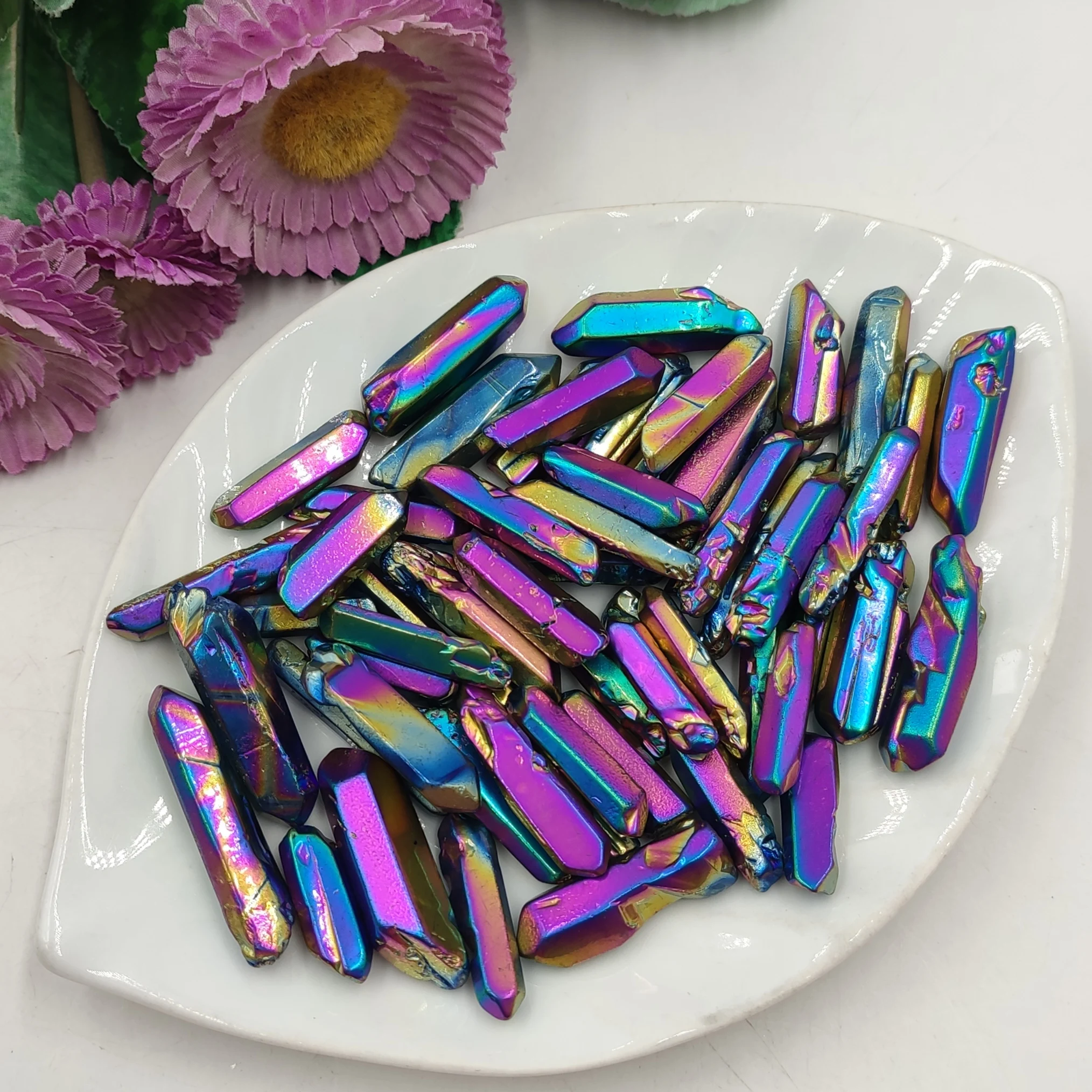 50g Bulk Natural Rainbow Titanium Aura Lemurian Wand Quartz Crystal Point Healing Stone Mineral Specimen Jewelry Making Craft