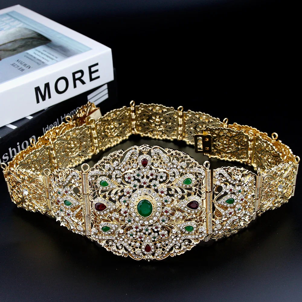 Sunspicems Brede Marokko Riem Voor Vrouwen Caftan Jurk Taille Ketting Goud Kleur Arabische Bruiloft Lichaam Sieraden Kristallen Riem Bruidscadeau
