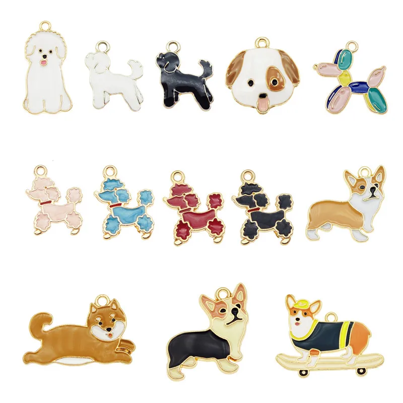 Julie Wang 13PCS Enamel Dog Charms Mixed Corgi Poodle Teddy Shiba Alloy Animal Pendants Jewelry Making Necklace Accessory