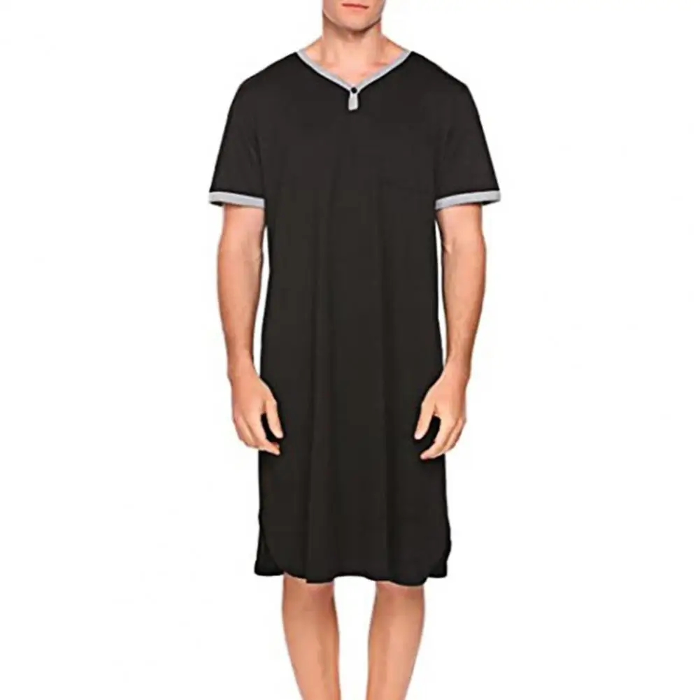 2021 new High quality Men Short Sleeve O Neck Pocket Nightdress Loose Knee-length Nightgown Homewear drop shipping