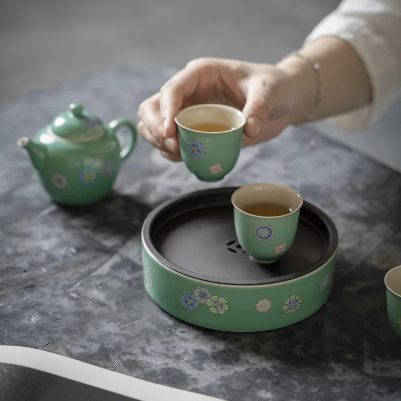 Jingdezhen-Turquoise Green Glaze Leather Ball Flower Tin Cover Tea Tray, Dry Tea Ceremony Accessories