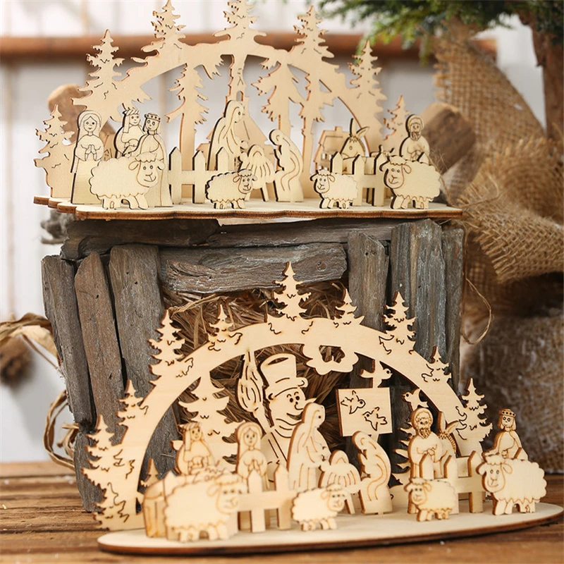 Xmas Christmas decorations for home 2019 Wooden pieces diy ornaments Three-dimensional round ornaments Creative homemade table