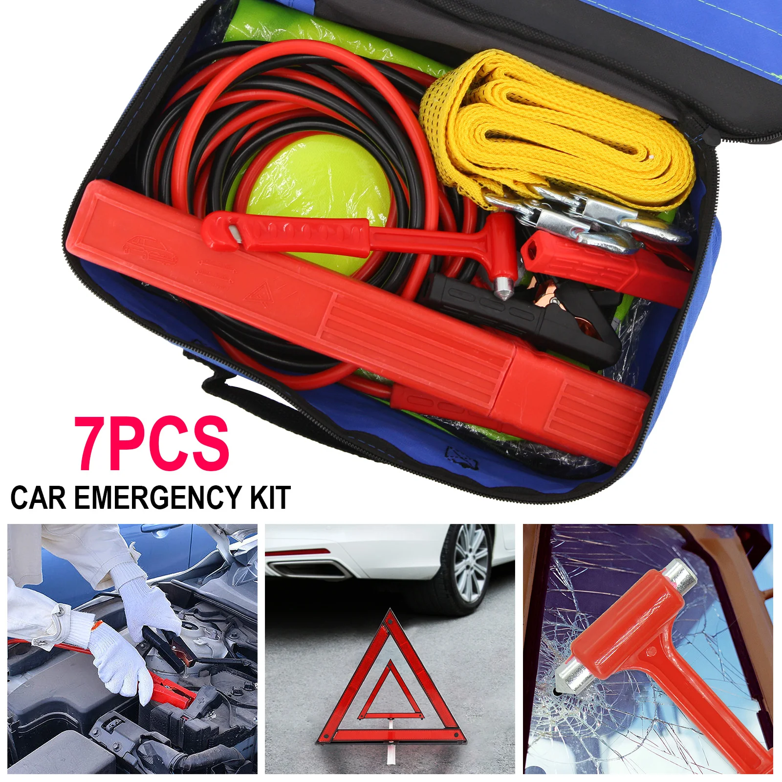 

Car Emergency Roadside Assistance Kit Jumper Cable Tow Strap First Aid Survival Supplies Pack Motorist Self-Defense Satefy Tool