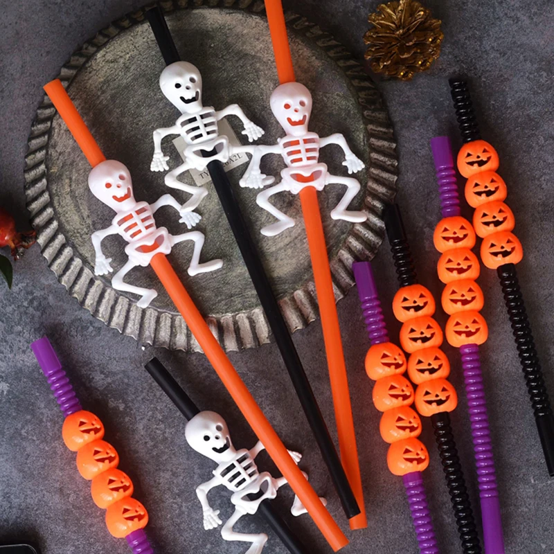 5pc fun Halloween Skull Pumpkin Straw Bar Prom Party Decoration Props Prank Toys