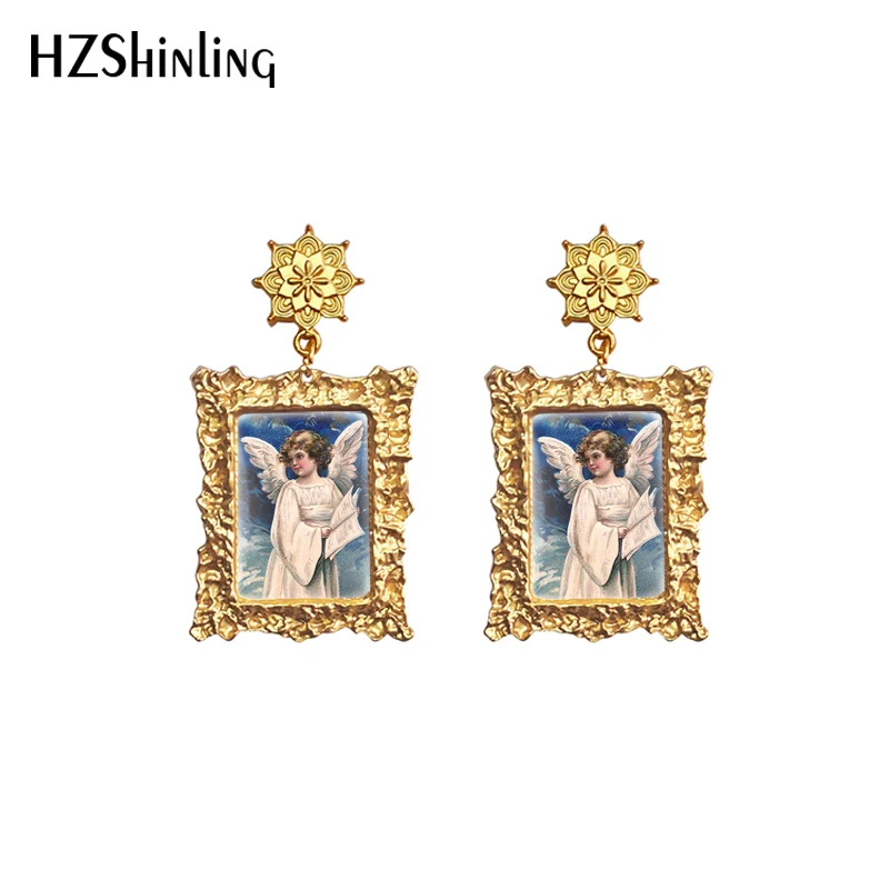 2020 New Vintage Angel Earring Fairy Beauty Drop Earrings Retro Mandala Charm Square Glass Cabochon Jewelry