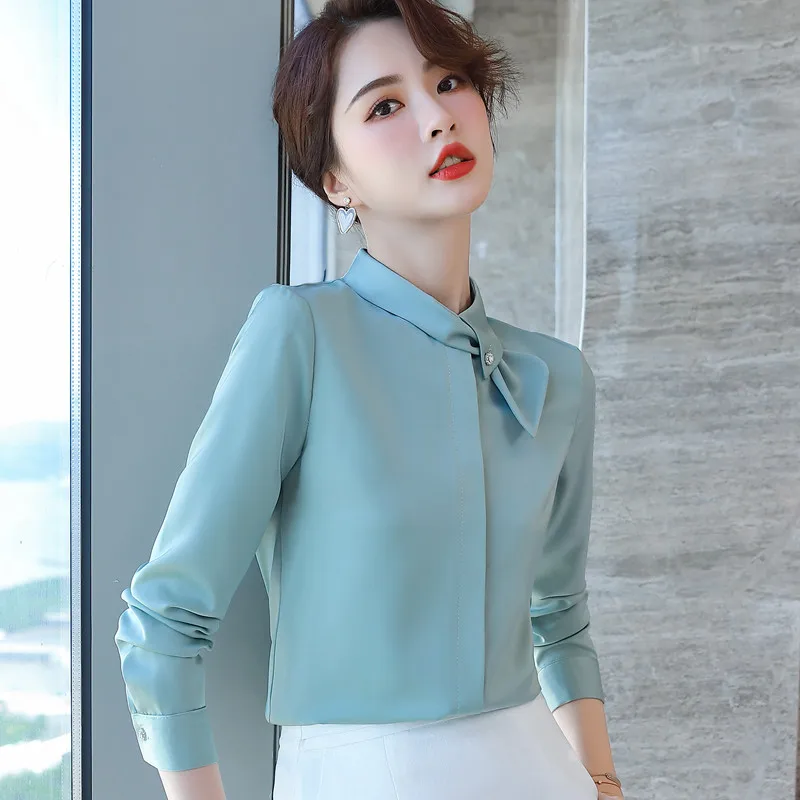 Light Green Bow Shirt Women Long Sleeve Chemise Femme New Fashion Temperament Satin Blouses Office Ladies Formal Work Tops